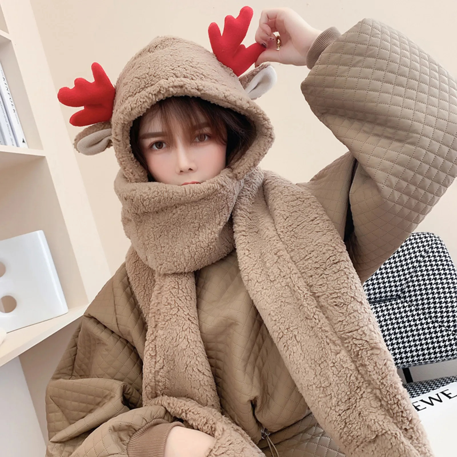 Christmas Antlers Scarf Echarpe Three One Warm Scarf With Gloves Womens Scarf Winterua241108