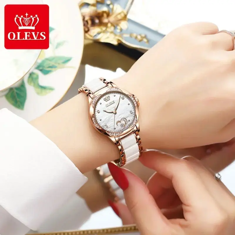 OLEVS Automatic Mechanical Watch for Women Luxury Ceramics Strap Waterproof Elegant Diamond Women's Wristwatch Clock Reloj Mujer