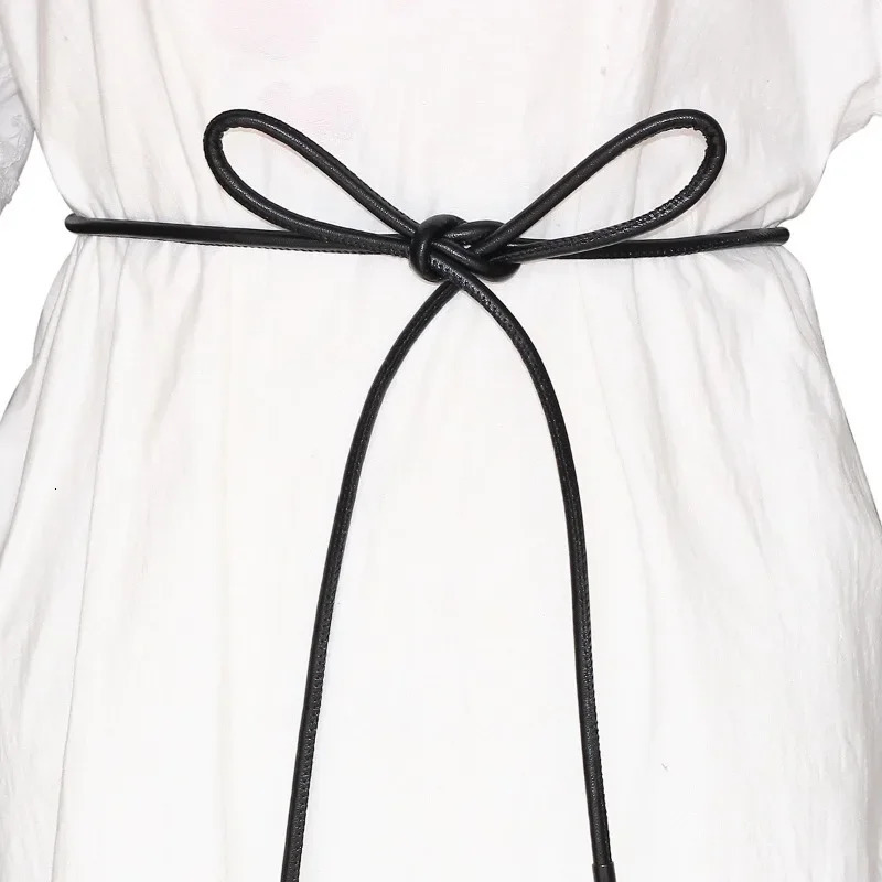 Womens waist belt with Versatile bow and dress long knot sheepskin ultra-fine fiber leather round leather rope 241108