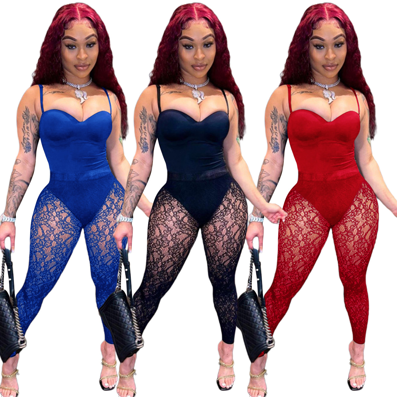 womens designer clothing Sexy Sleeveless Bodysuits See Through Lace Leggings two piece set women Summer Sheer Outfits Night Club Wear designer tracksu