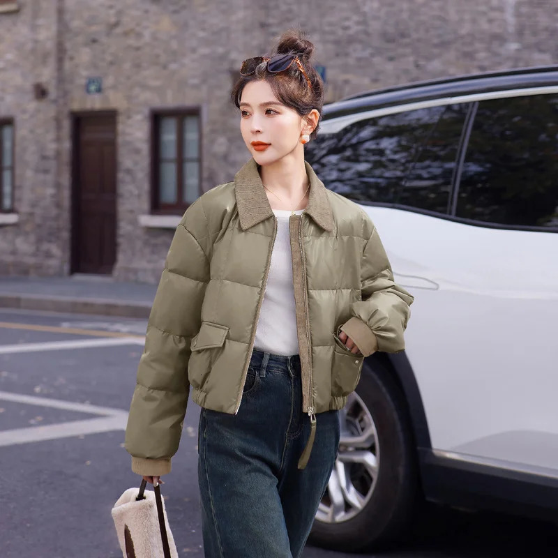 Womens down jacket vintage collar jacket brown PU leather shorts Korean loose winter jacket womens clothing 241108