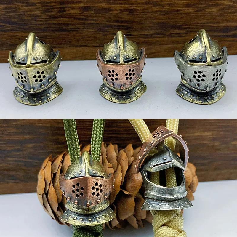 Openable Medieval Armor Warrior Helmet Brass Paracord Woven Keychains Lanyard Pendants Ancient Roman Knight Mask EDC Knife Beads