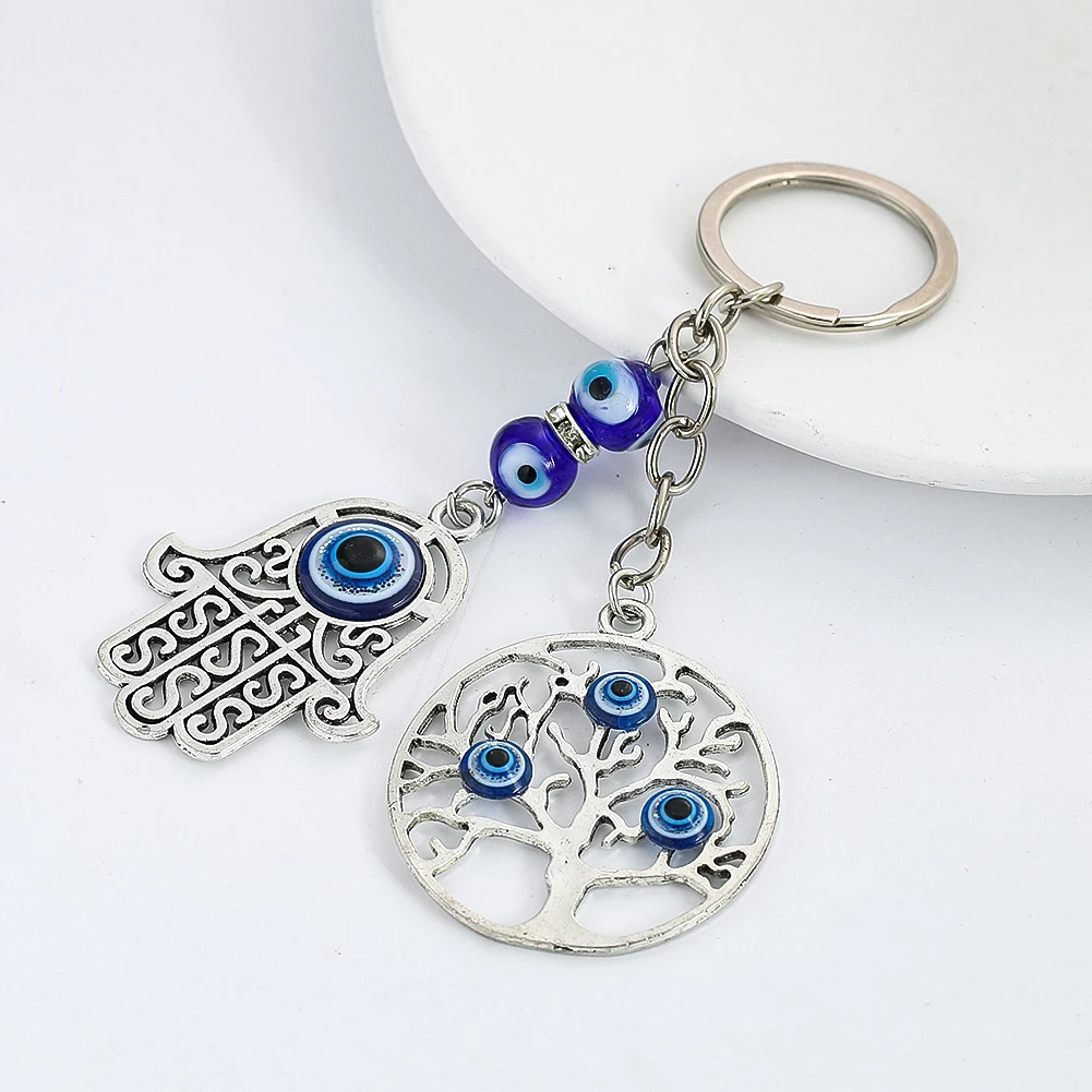 Life Of Energy Tree Hamsa Fatima Hand Palm Turkish Blue Devil Eye Metal Pendant Keychain Lucky Fortune ddmysmile Mascot Purse Dangle Decor Smile