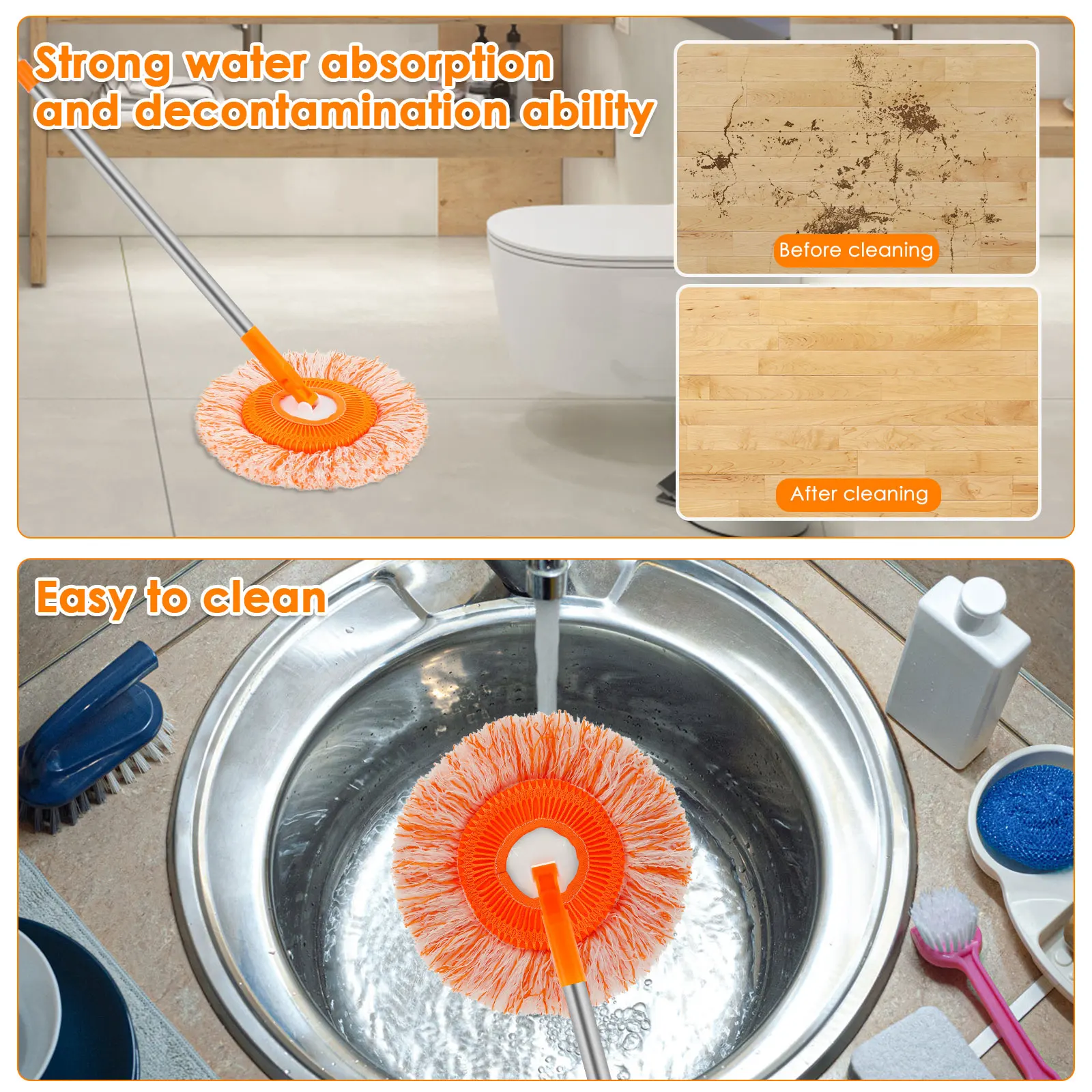 Microfiber Mop Set Rotatable Round Cleaning Mops Wall Cleaner with 4 Poles and 4 Mop Heads Floor Wall Multifunctional Clean Tool