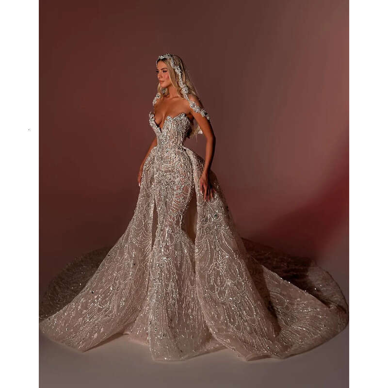 Crystal Mermaid Gorgeous Wedding Dresses Detachable Train Illusion Beaded Sequins Bridal Gowns Slim Strapless Custom Made Vestidos De Novia 0218