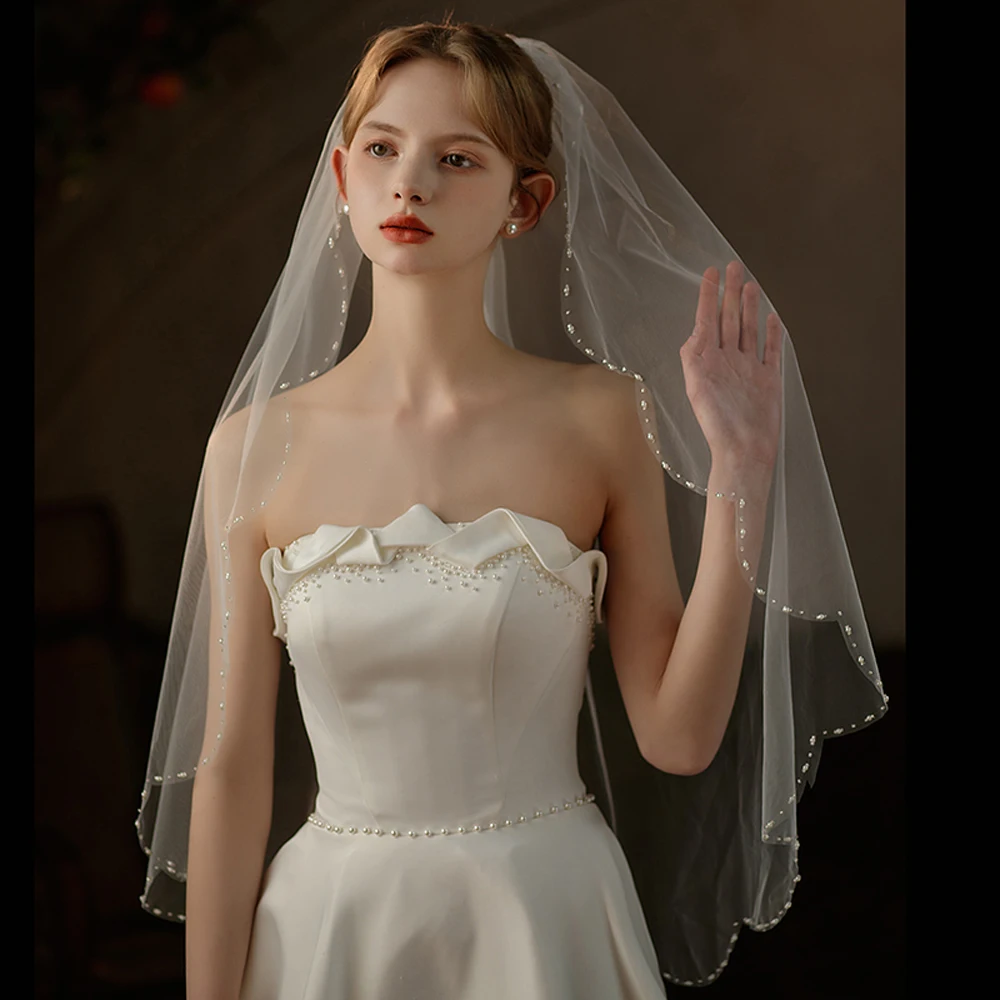 Bridal V737 Exquisite Wedding Veil One-Layer Handmade Beading Edge White Brides Veil Women Marriage Accessories smile
