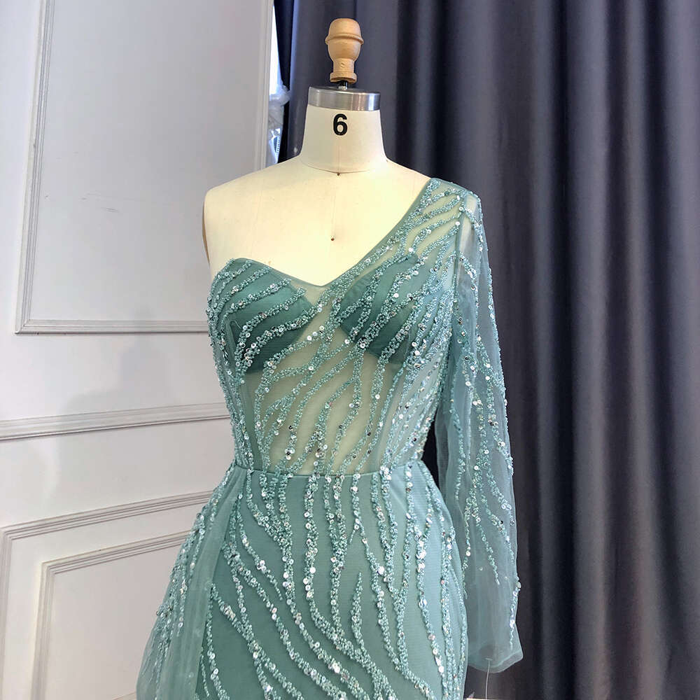 Turquoise Serene Hill Mermaid Split Evening Dresses Gowns Sexy One-Shoulder Beaded Overskirt For Party La71520 Customized