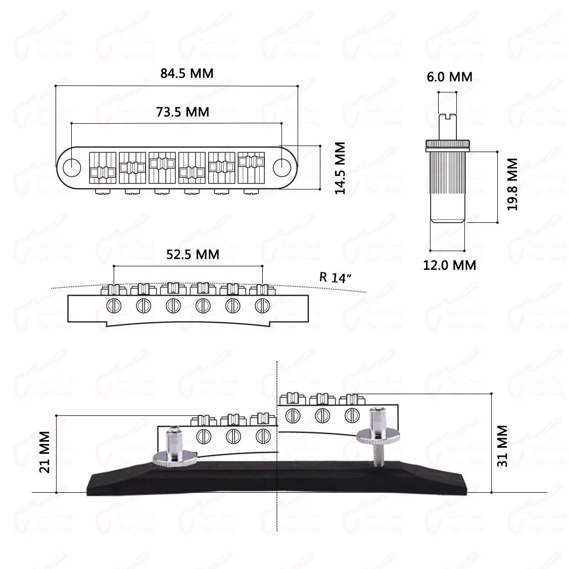 1 Set High Quality Tune-O-Matic Roller Saddle Bridge For LP SG Archtop Jazz Guitar With Ebony Base KR(Origin)