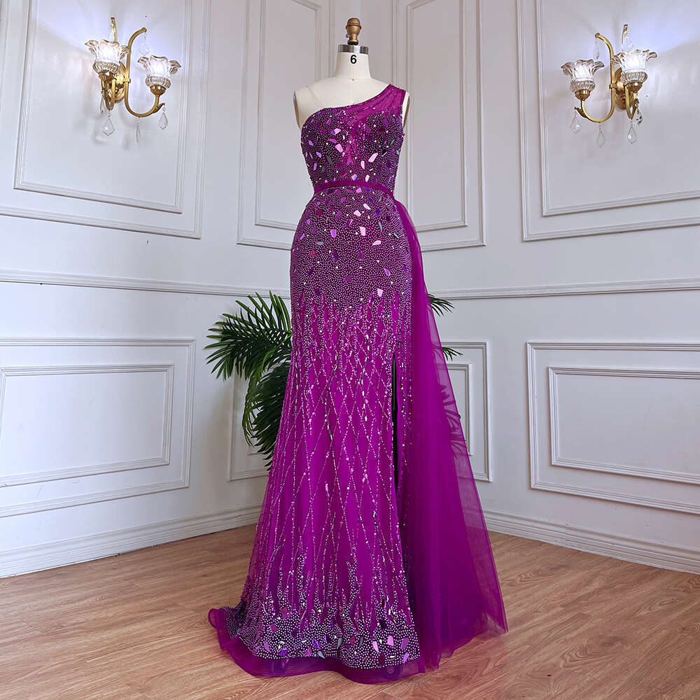 Purple Serene Hill One Shoulder High Split Beaded Evening Dresses Gowns For Formal Ocn LA Customized Mal