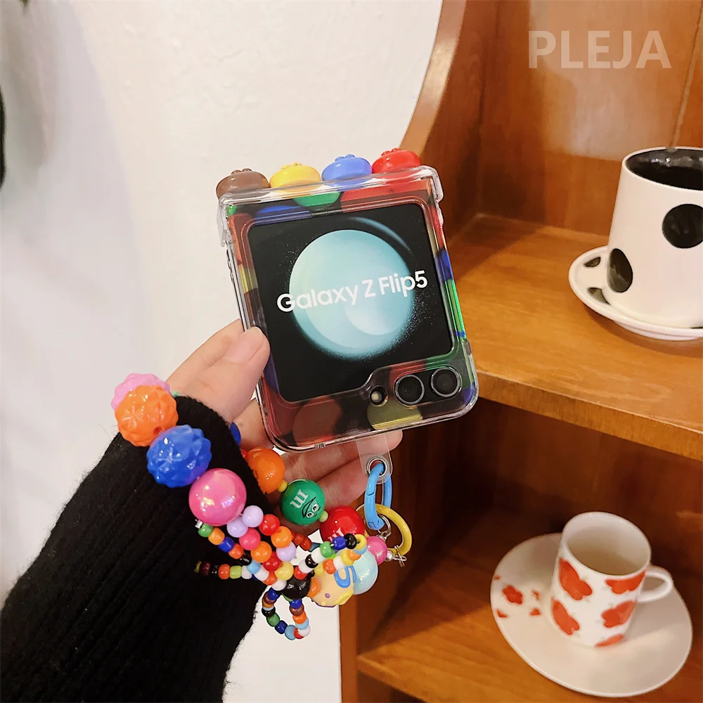 Hinge Korean Cute Chocolate Case ddmysmile For Samsung Galaxy Z Flip 5 4 3 Flip3 Flip4 Flip5 Zflip5 With Candy Beads Bracelet Chain Cover Smile