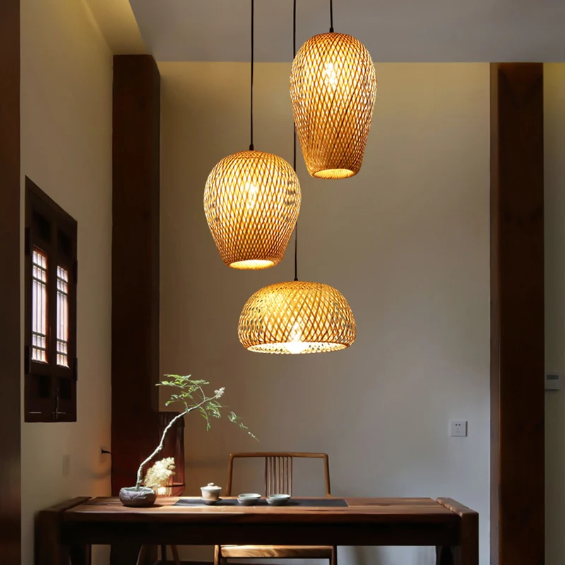 Bamboo Lantern Pendant Lamp Retro Restaurant Hanging Light Hand-Woven Lampshades E27 Lighting Fixtures Wooden Chandeliers Room smile