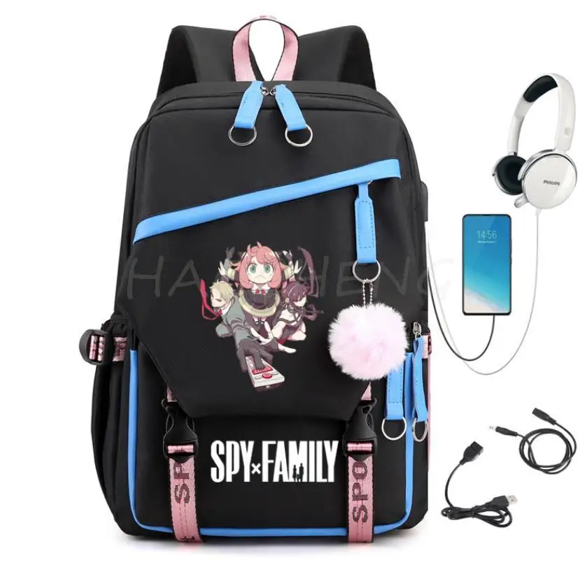 Backpack Family SPY X USB Charge ddmysmile Pink Travel Canvas Student Backpack Anya Forger Schoolbags For Teens Boys&Girls Mochilas Smile
