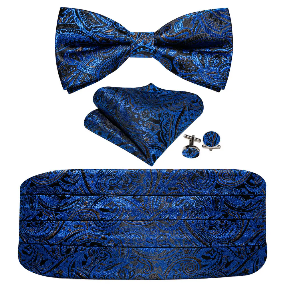 Cummerbund Blue Men Navy Silk Bowtie Pocket Square Cufflinks Sets Classic Paisley Male Accessories Wedding Party Barry.Wang 1031 smile