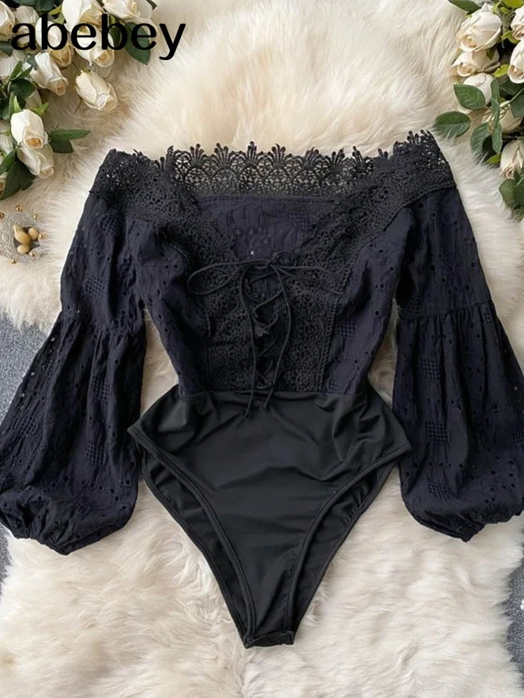 Hollow Women Rompers Design Puff Sleeve Slash Neck Sexy Slim Jumpsuits Autumn Korean Off Shoulder Short Bodysuit New smile