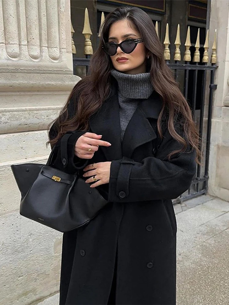 Retro double chest long coat for womens casual loose solid collar wool coat for womens winter elegant and chic street jacket 241108