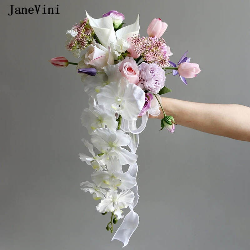 Korean JaneVini Waterfall Romantic Bridal Bouquets Pink Purple Silk Roses Cascading Artificial Flowers for Wedding Decorations smile
