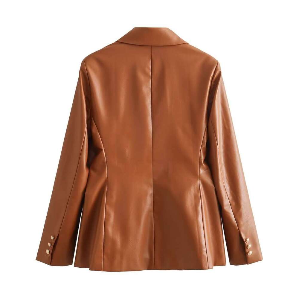shanshi leather jacket women Autumn new women's versatile metal double breasted pocket long sleeved PU leather slim fit suit jacket