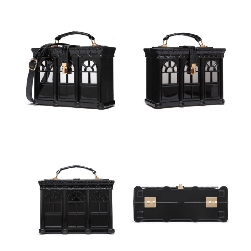 Women Vintage Acrylic House Shaped Clutch Box Shoulder Bag Elegant Evening Crossbody Handbag Top Handle Purse
