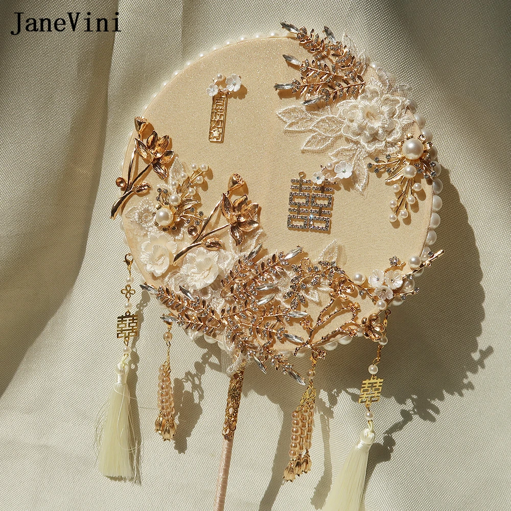 ddmysmile Gold Pearls Janevini Beaded Wedding Fan Lace Flowers Chinese Bridal Hand Fan Ancient Tassel Bride Bouquet De Mariage Smile