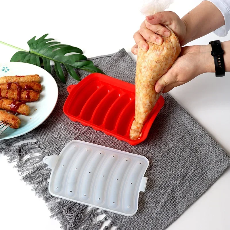 Silicone Hamburger Hot Dog Making Tray with Lid Food Grade Sausage Mold Handmade Children Food Machine Kitchen Cooking Gadgets