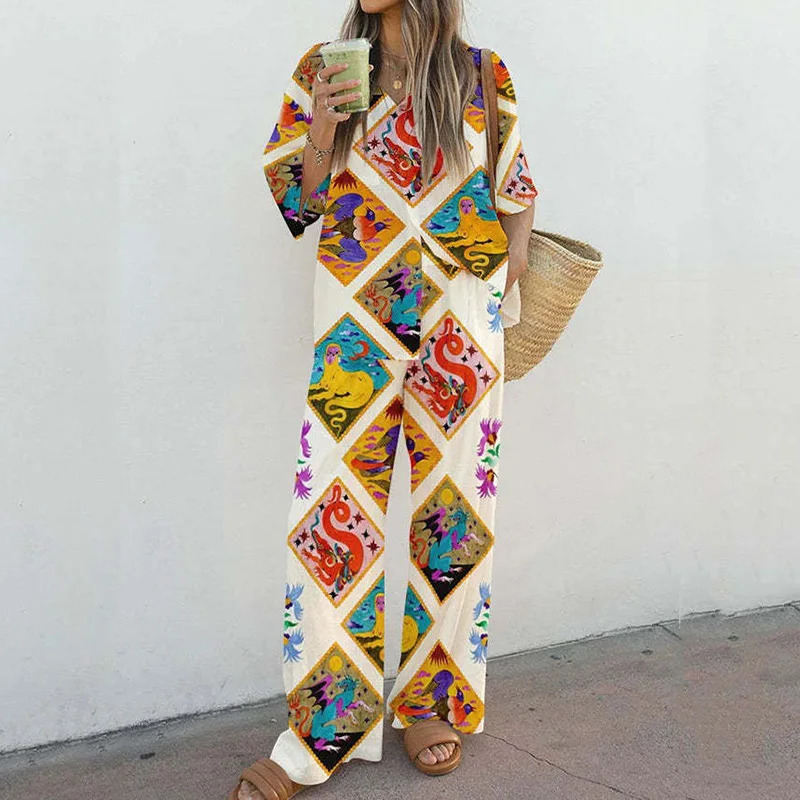 Casual Short Sleeve Cotton Linen Outfits Fashion Lapel Button Shirt Long Pant Suit Women Elegant Pattern Print Two Piece Sets 240401