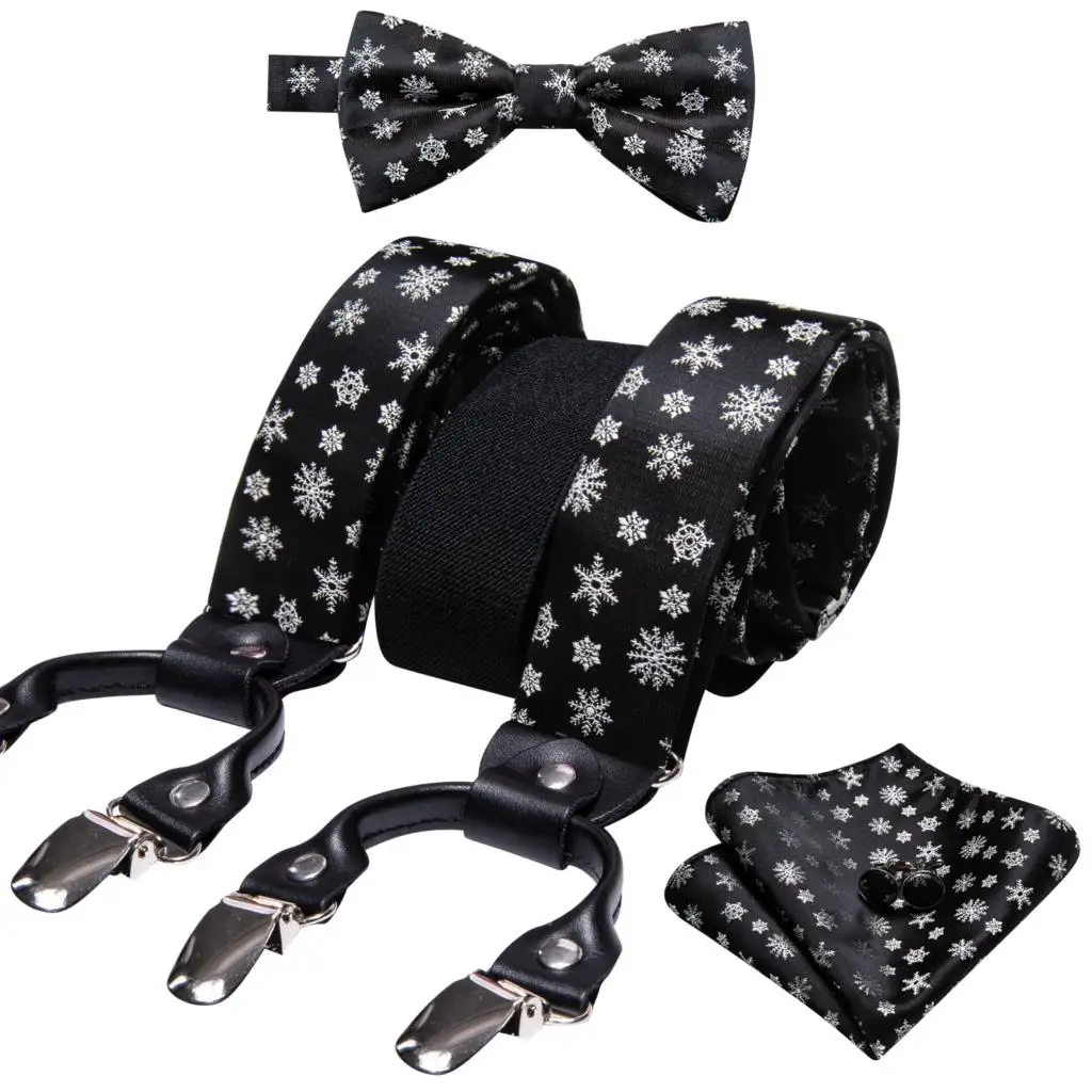 Mens Christmas Suspender Silk Black Snow Adjustable 6 Clips ddmysmile Y Back Xmas Santa Braces Bowtie Hanky Cufflinks Set Gift Barry.Wang Smile