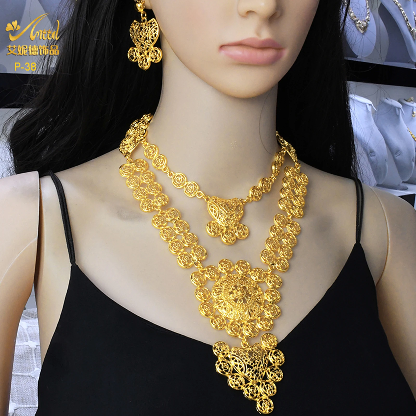 Gold ANIID Dubai Plated Jewelry Sets Wedding African 2PCS Necklace Earrings Set For Women Nigerian Indian Bridal Party Gifts smile