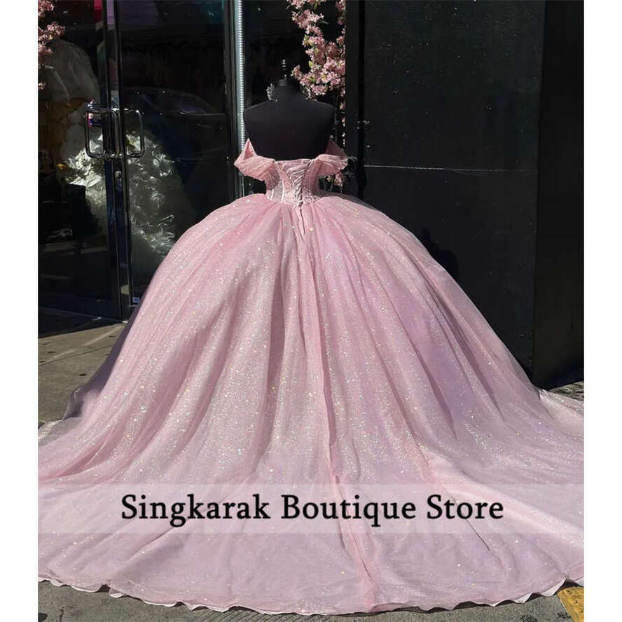 Glitter Pink Quinceanera Dresses Sweet 16 Dress Beads Pearls Crystal Rhies 16Th Girls Birthday Party Gowns Vestido De 15