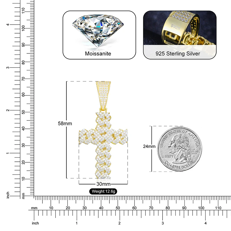 Men Women Hip Hop Cross Pendant Necklace With D VVS Moissanite Iced Out Bling 925 Sterling Silver Necklaces Hip Hop Jewelry Gift