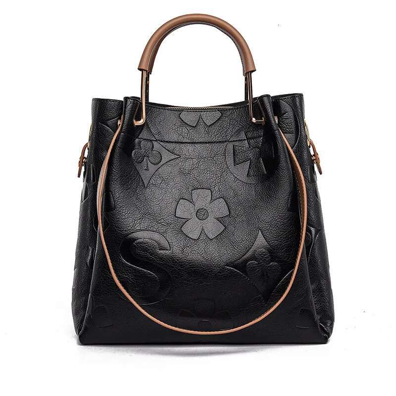 New Fashion PU Leather Textured Emed Pattern Bucket Bags Designer Large Capacity Women's Handbag Shoulder Bag