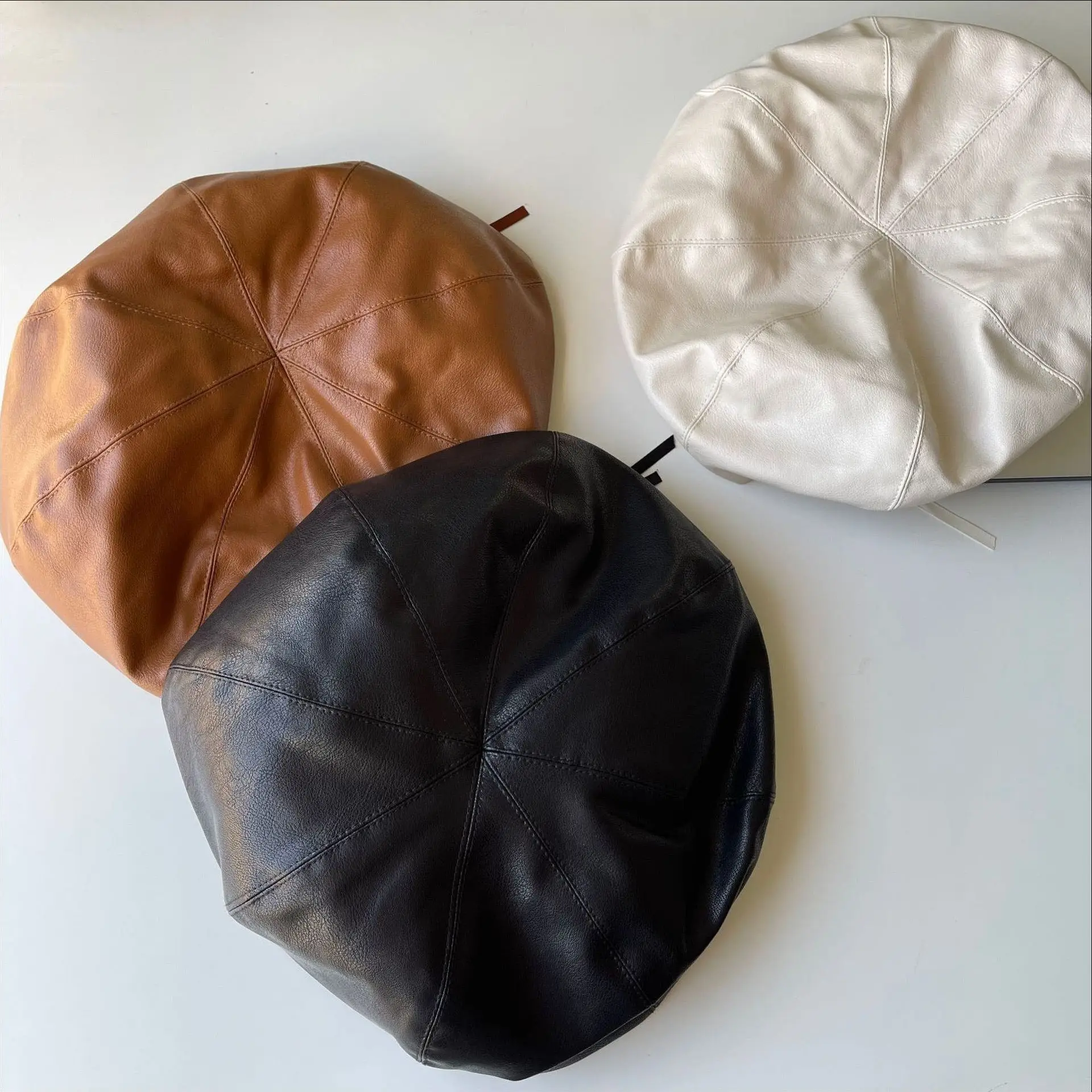 Winter Autumn Hats Y2K Women Berets Solid color PU Leather Big Size Beret Hat Black Brown Beige Berets smile