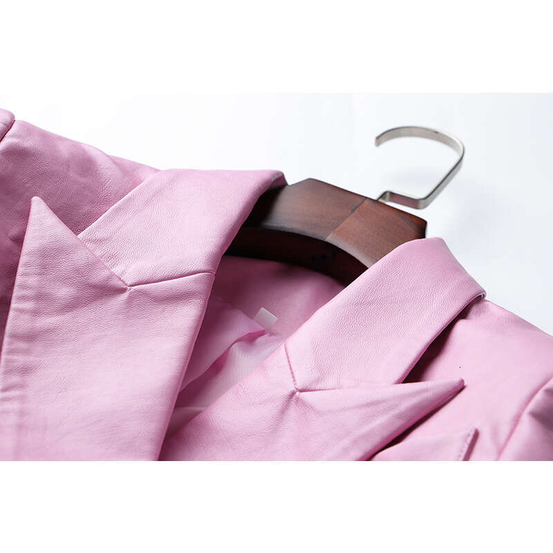 shanshi leather jacket women Spring and Autumn Pink Slimming Temperament Commuter Collar Double breasted Solid Color Long sleeved Suit PU Leather Jack