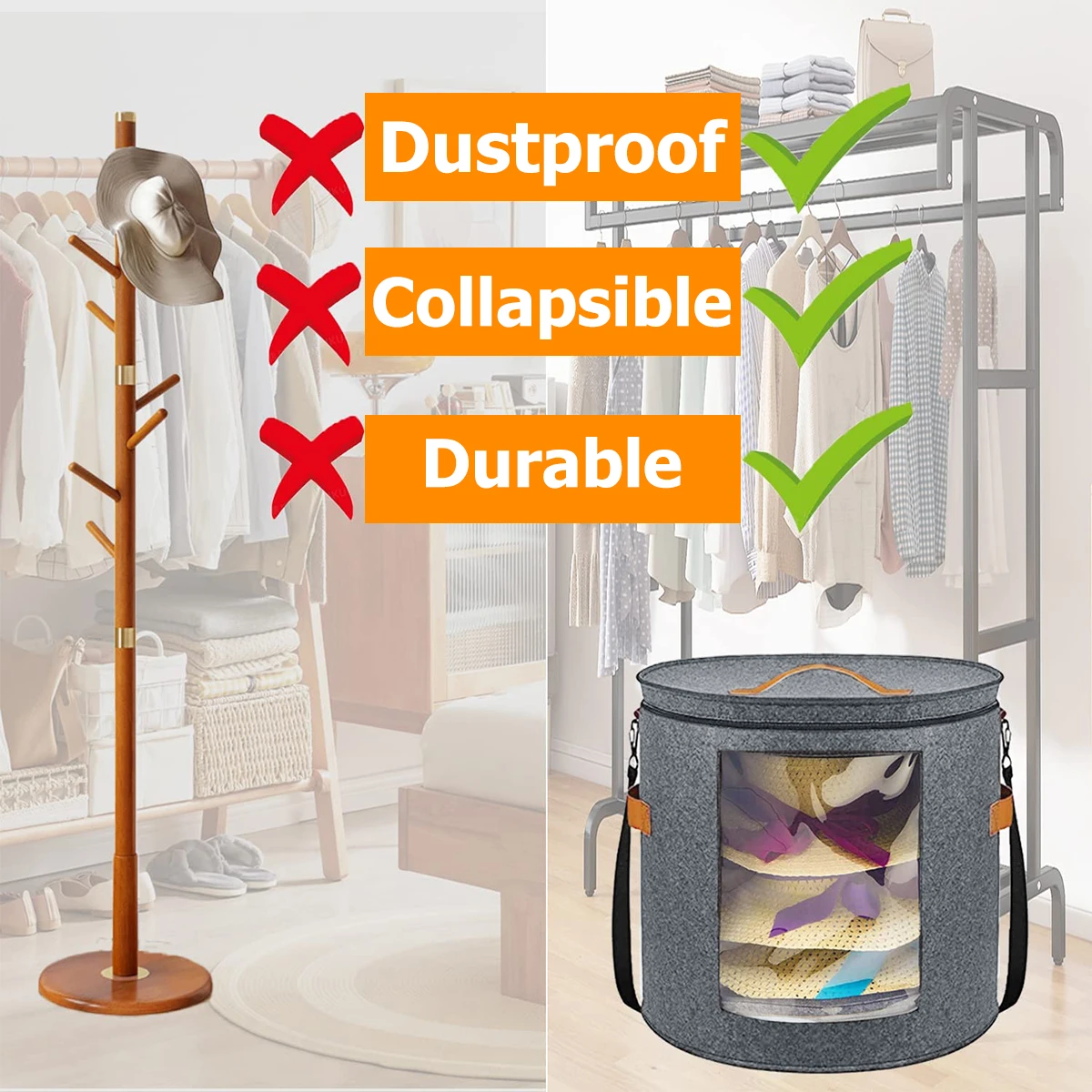 Storage Box Hat With Zippered Adjustable Shoulder Strap Felt Round Organizer Travel Case Storage Bins Home Accessories Man Women smile