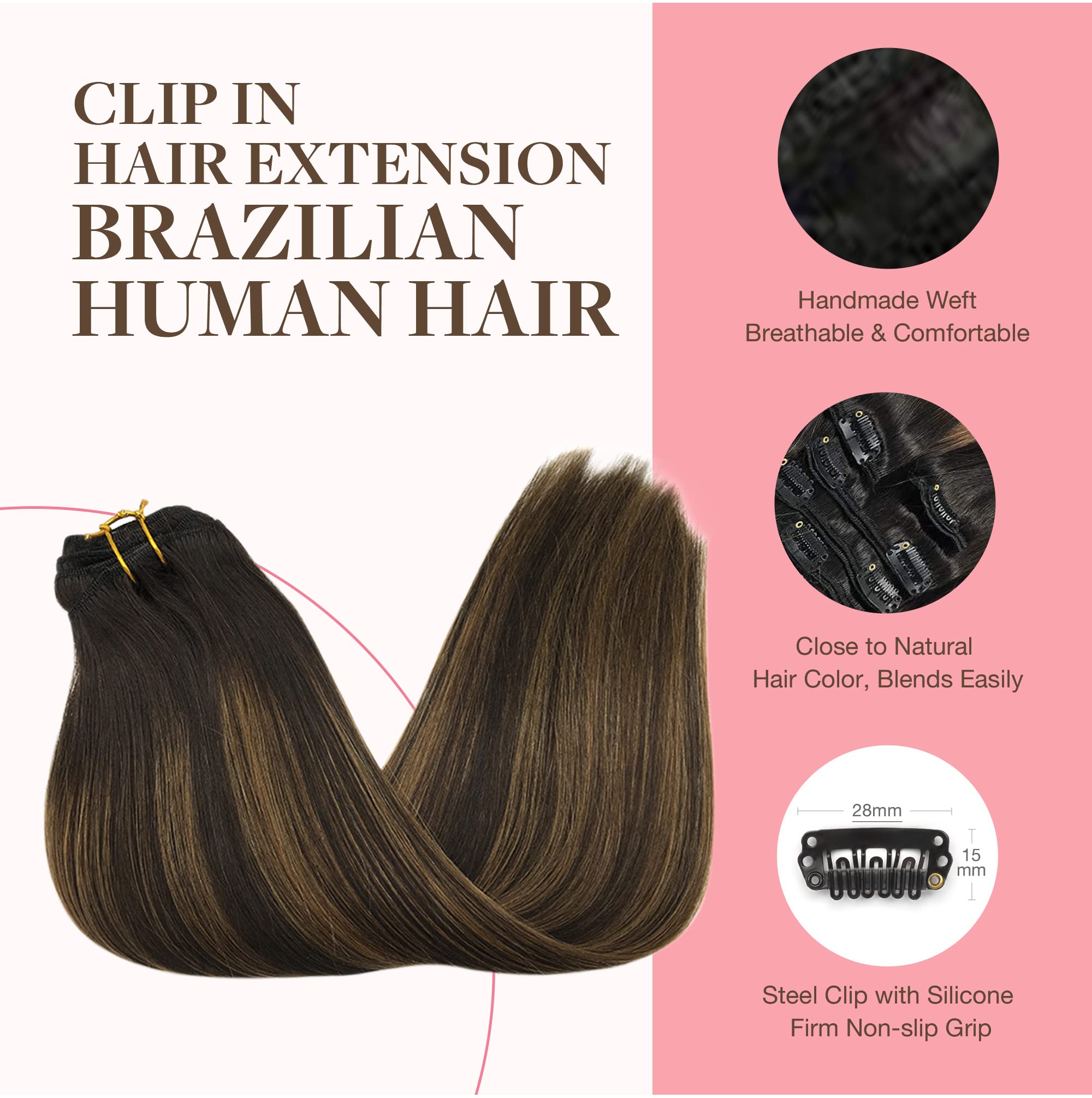 Clip In Human Hair Extensions Light Brown Honey Ombre Balayage Black Hair Pieces For Women With Clips 120g