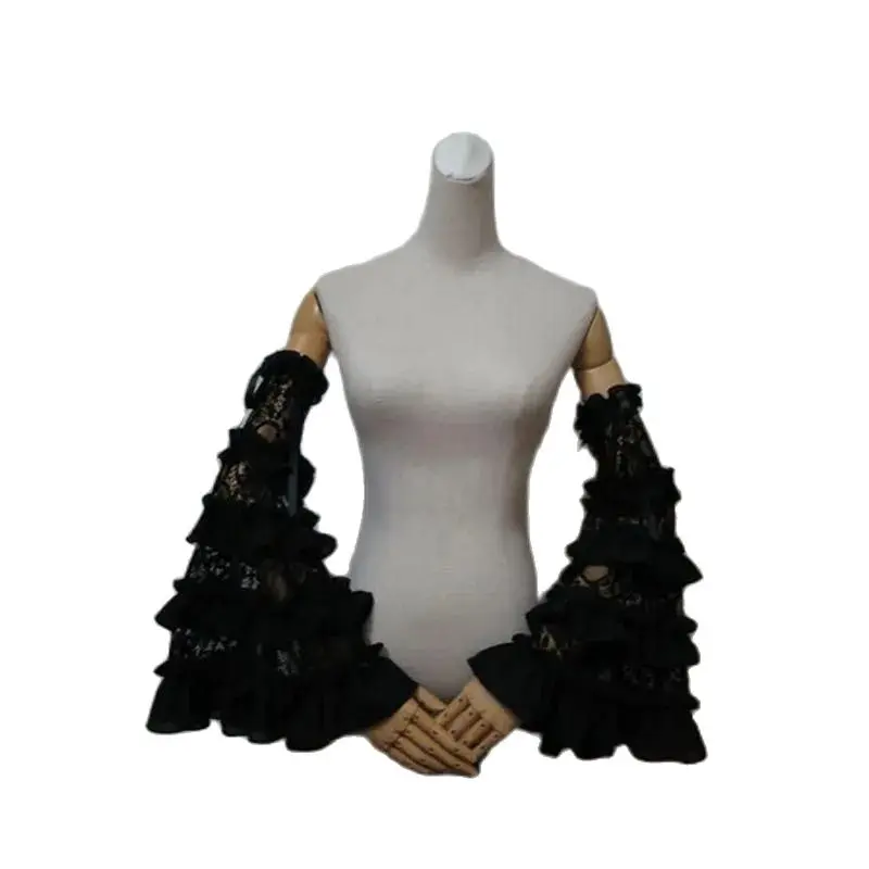 Lolita Big White Cosplay Sleeves Black Ruffled Lace Embroidery Big Flare Butterfly Sleeve Bowknot Prom Party Navy Blue Glove smile