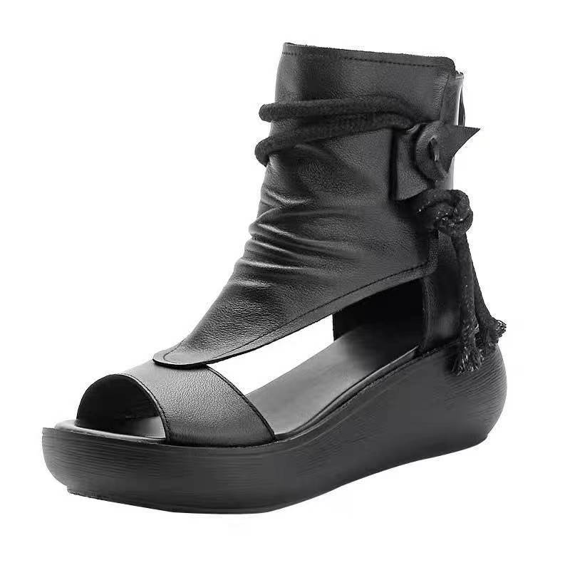 Shoes for Women Ladies Vintage Pu Leather Boots Fashion Women Sandals Summer Mid Heels Wedges Shoes Sandalias Mujer Sneakers