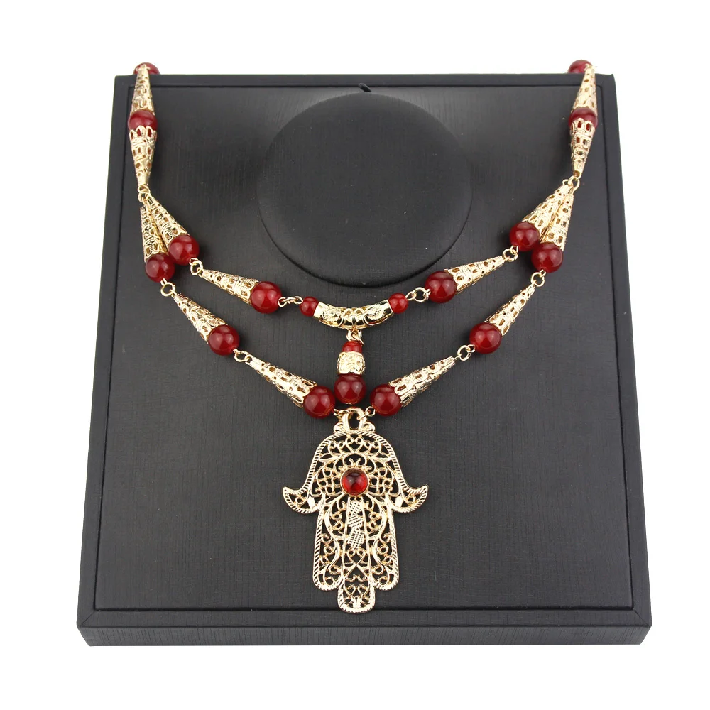 Pendant Fatima Chic Arabian Necklace for Women Gold Color Beaded Double Chain Necklace Morocco Bride Wedding Jewelry smile