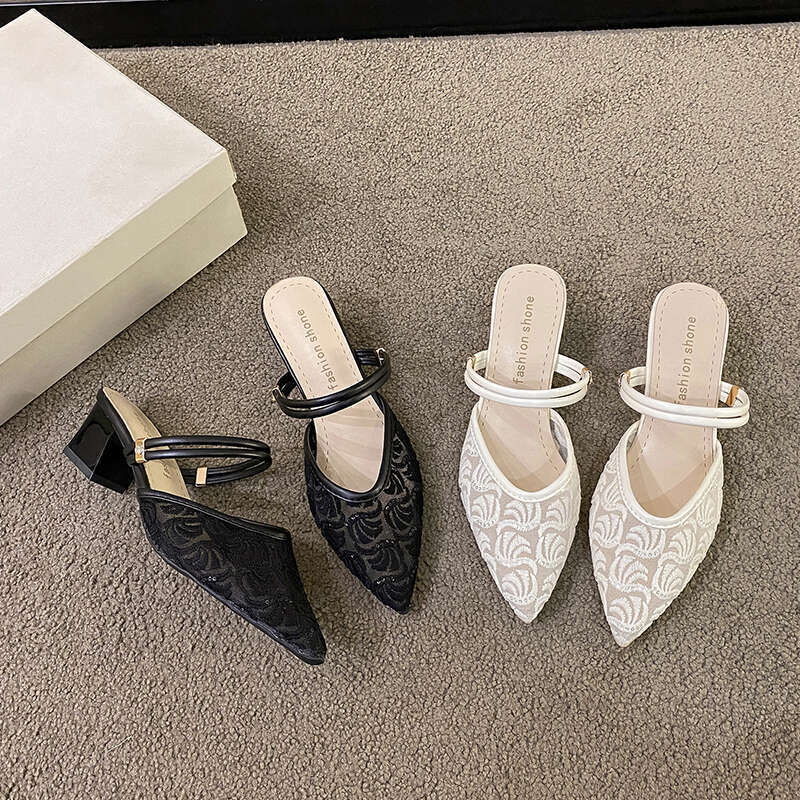 Pointed Toe Women's High Heels Mules Slippers Hollow New 2025 Summer Print Designer Sexy Thick Sole Women's Sandals Zapatos