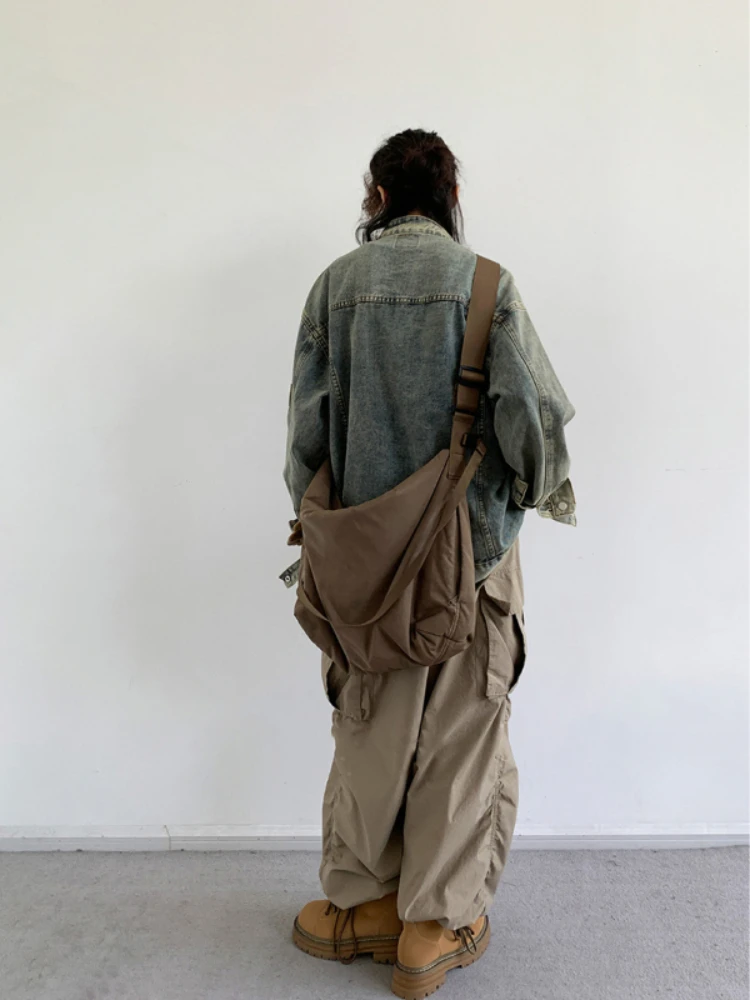 Retro Set Hop Hip Men Women High Street Embroidered Denim Jackets+Autumn Wide-leg Loose Cargo Pants Distressed Casual Two-piece smile Jackets+Autumn