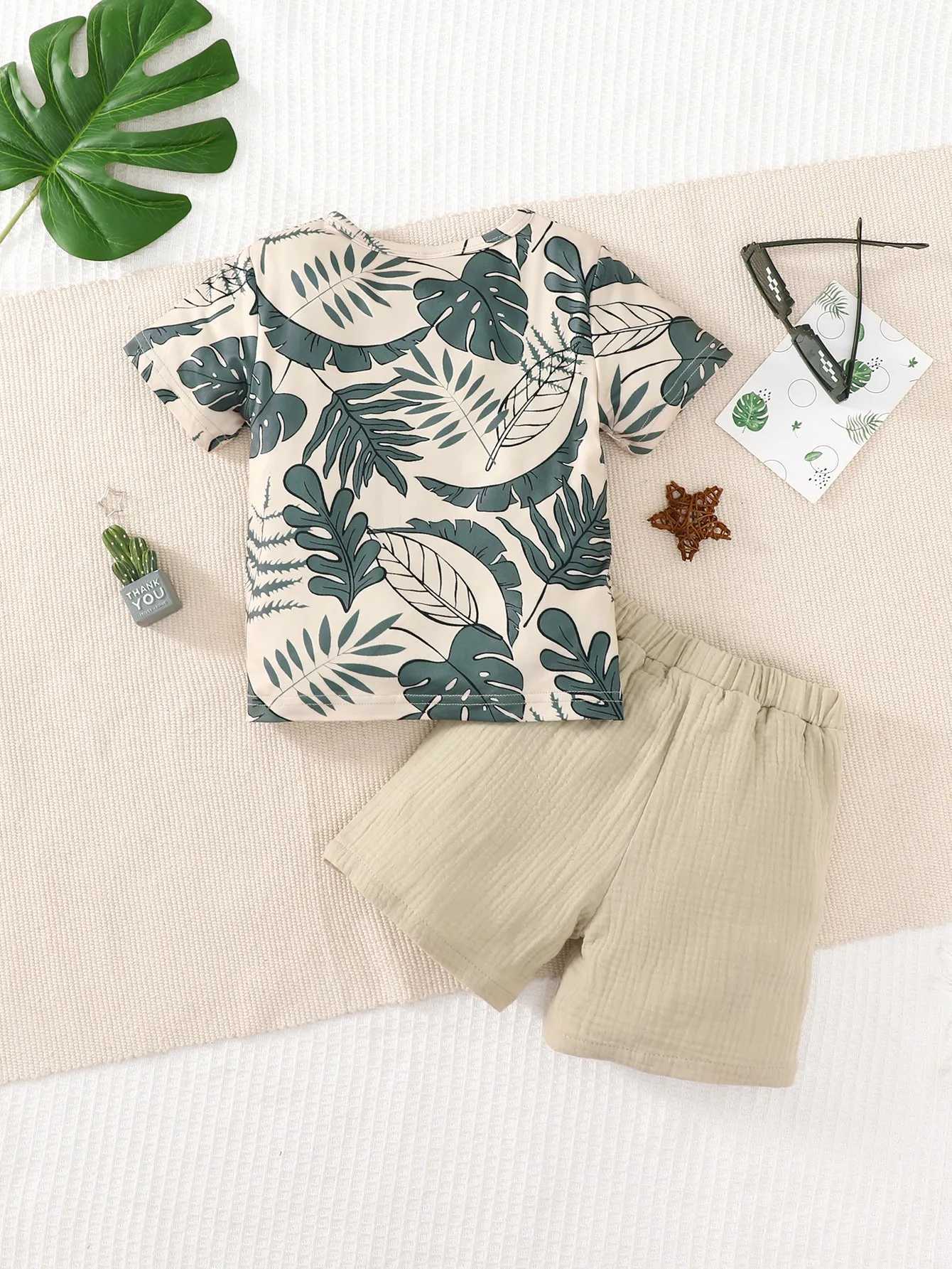 Clothing Sets 2PCS Kid Boy Clothes Set Short Sleeves Leaf Print ket Style T-shirt+Shorts Summer Casual Outfit For Child Boy 4-7 YearsY241225C4XW