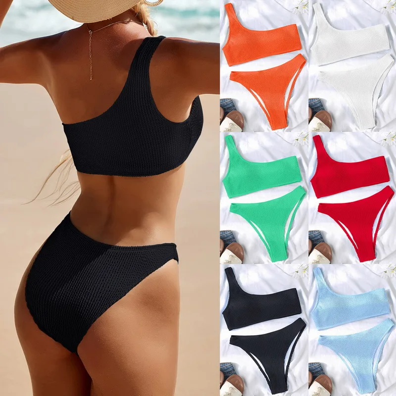 One Shoulder Bikinis Sexy Bandeau Swimwear Women 2024 New Ribbed Women's Swimsuits Bathing Suits Solid Brazilian Biquini Set smile 's