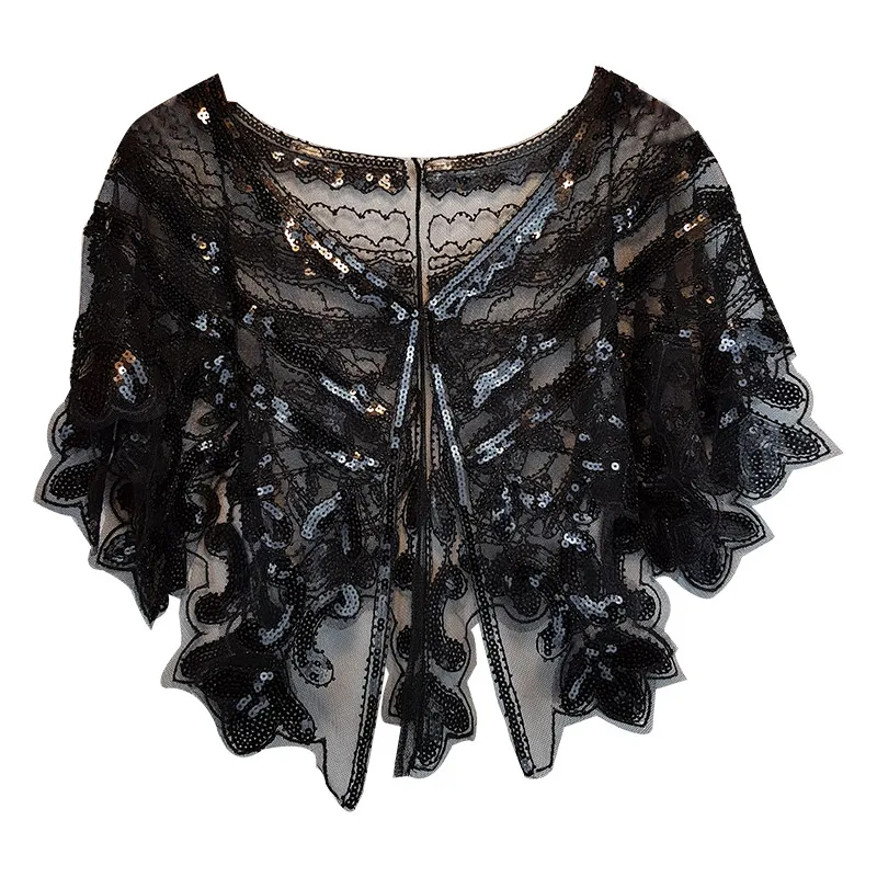 Beaded New Shawl Vintage Scarves 1920s Style Women's Shawl Black Sier Sequin Beaded Sheer Mesh Capelet Sequined Bolero Jacket smile
