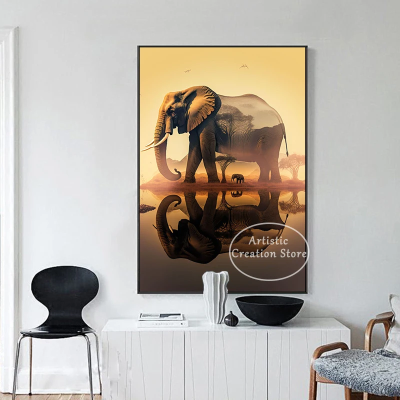 Scenery Kenya African Grassland Elephant Giraffe Animals Sunset Posters Canvas ddmysmile Prints Wall Art Pictures Living Room Home Decor Smile