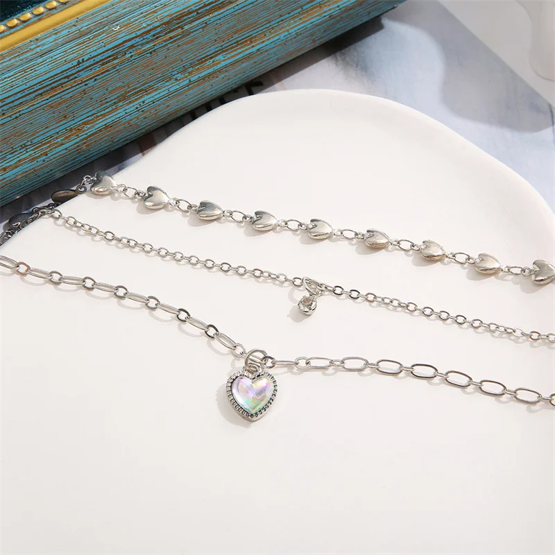 Heart Pendant Necklace Opal Metal 2025 Sier Color new Multi-layered for Women 2024 Trendy Cute Elegant Y2K Jewelry Party Gift