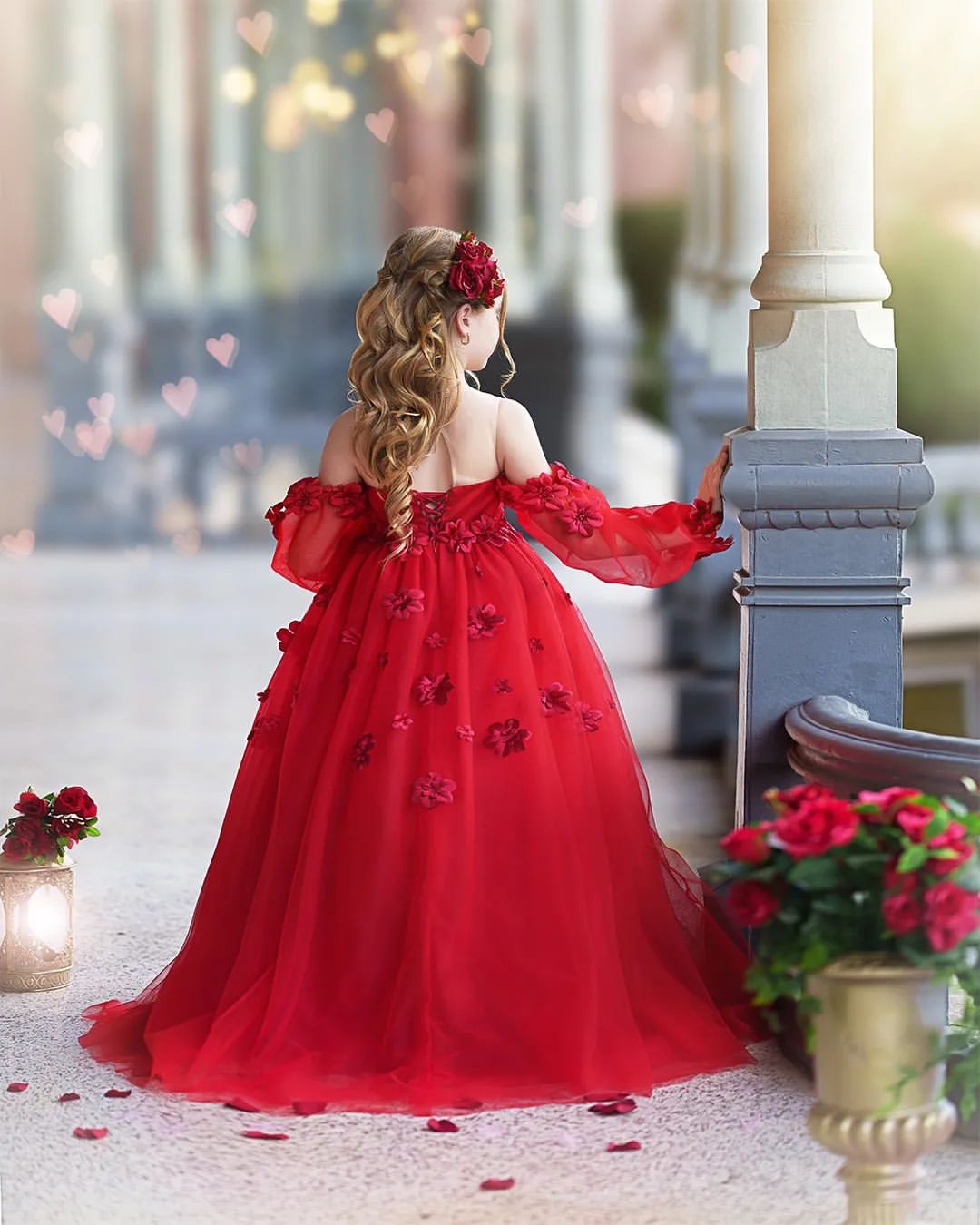 Red Flower Girls Dresses Sheer Jewel Long Sleeves Girl Pageant Gowns Toddler First Communion Dress Floor Length Appliqued Kids Formal Wear 0515