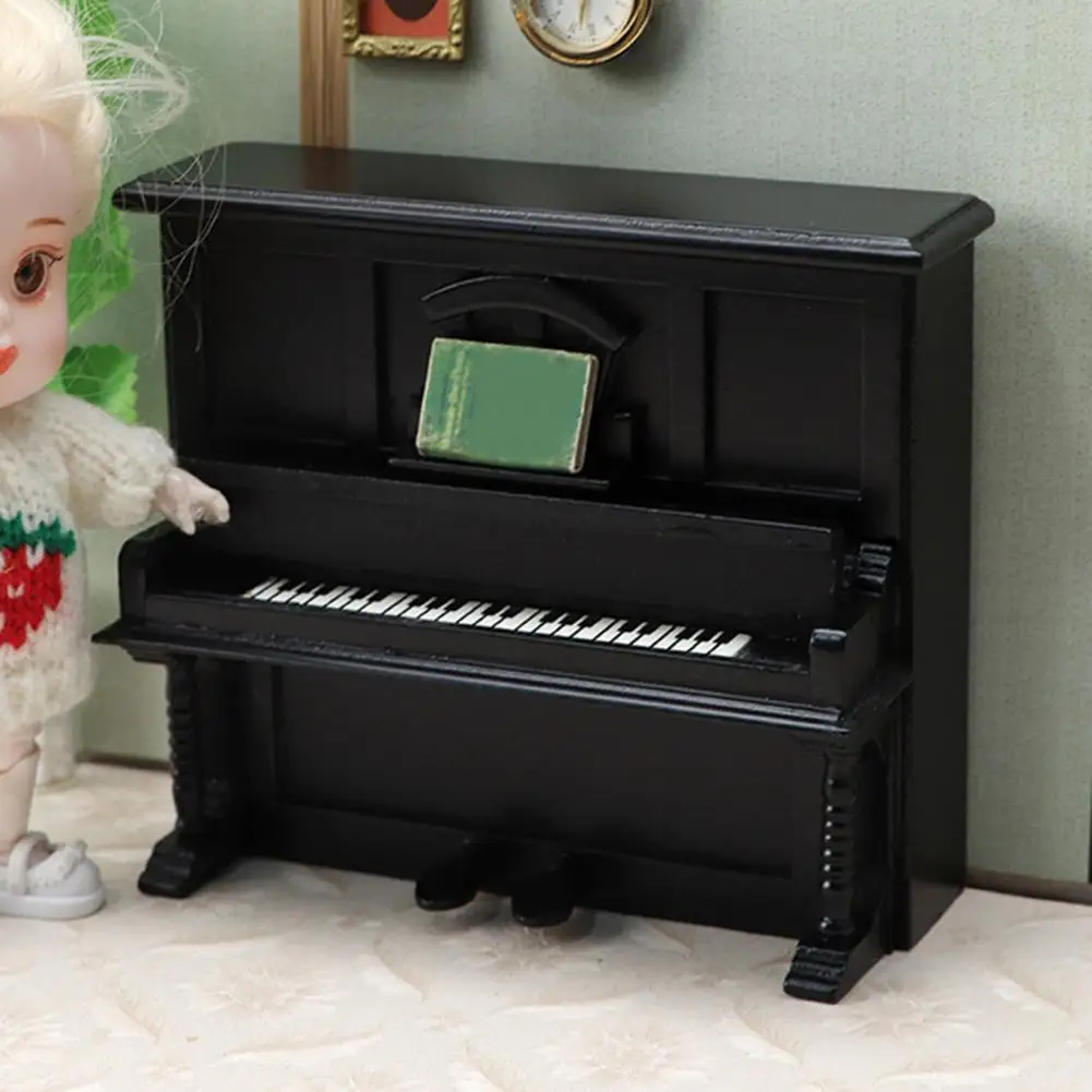 1/12 Vintage Miniature Retro Piano Set Dollhouse Mini Piano with Stool Musical Instrument Model for Doll House Accessories Decor