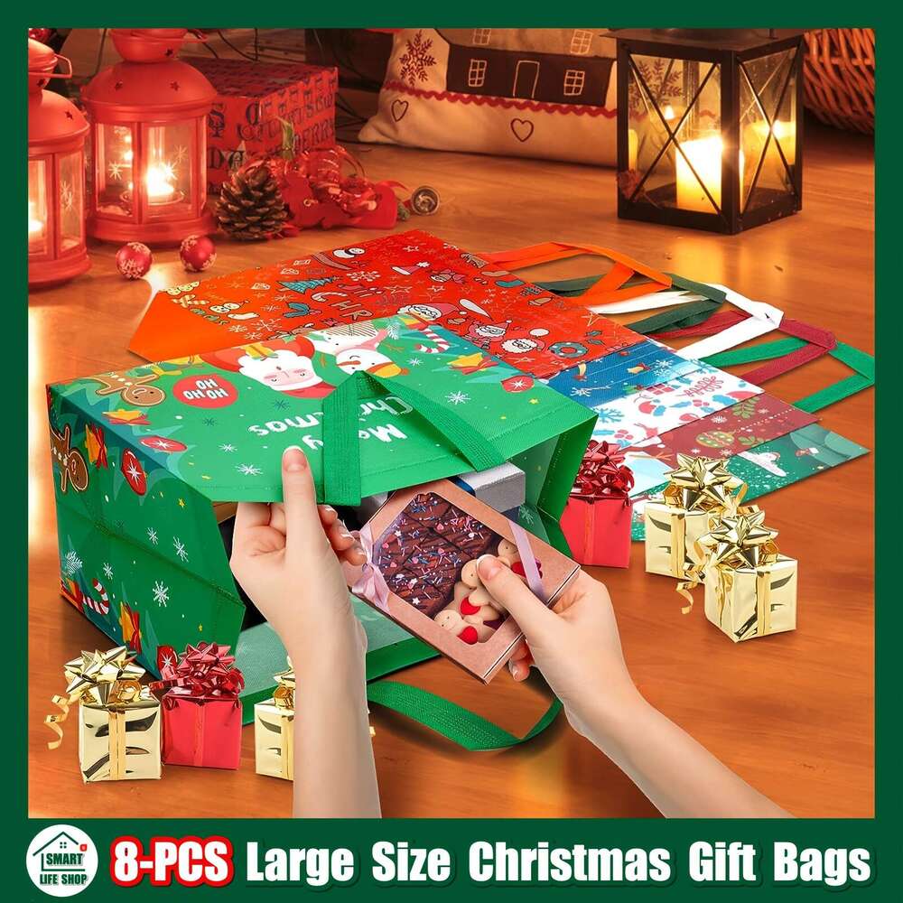 Christmas Gift Tote with Handles, Reusable Reinforced Handle Grocery Treat Bags, Multifunctional Non-Woven Christmas Bags for Gifts
