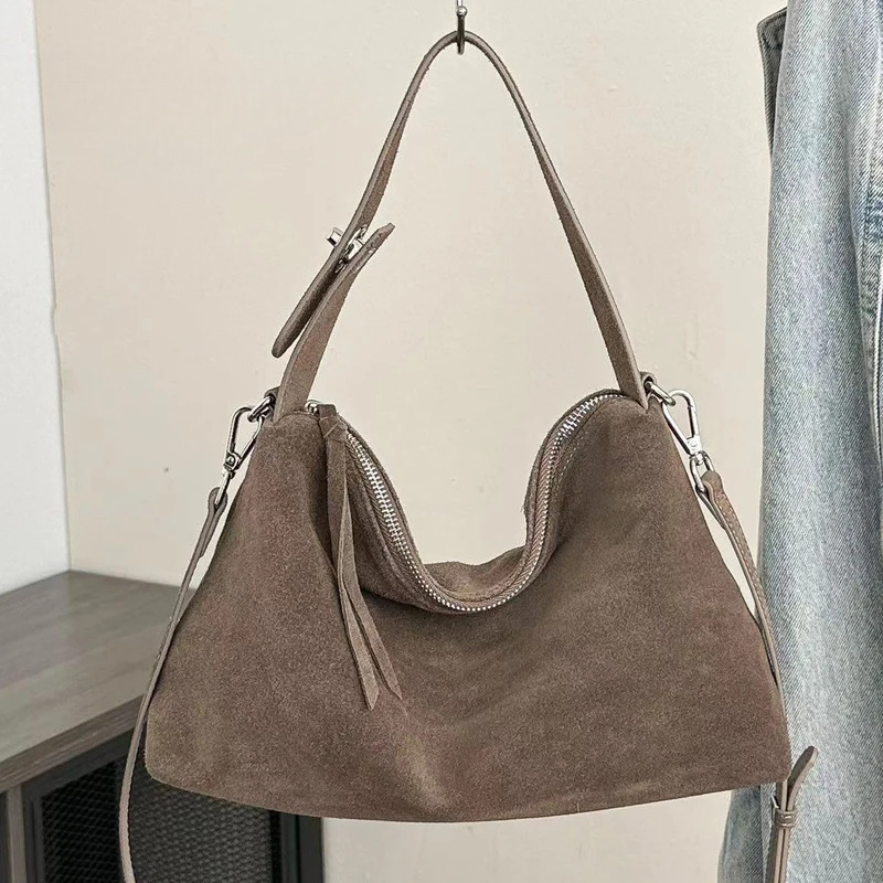 Fashion Autumn Winter Big Boston Tote Soft Matte Suede Cow Leather Women's Handbag Shoulder Crossbody Bag For Women Grey Brown Zipper Style BagVo