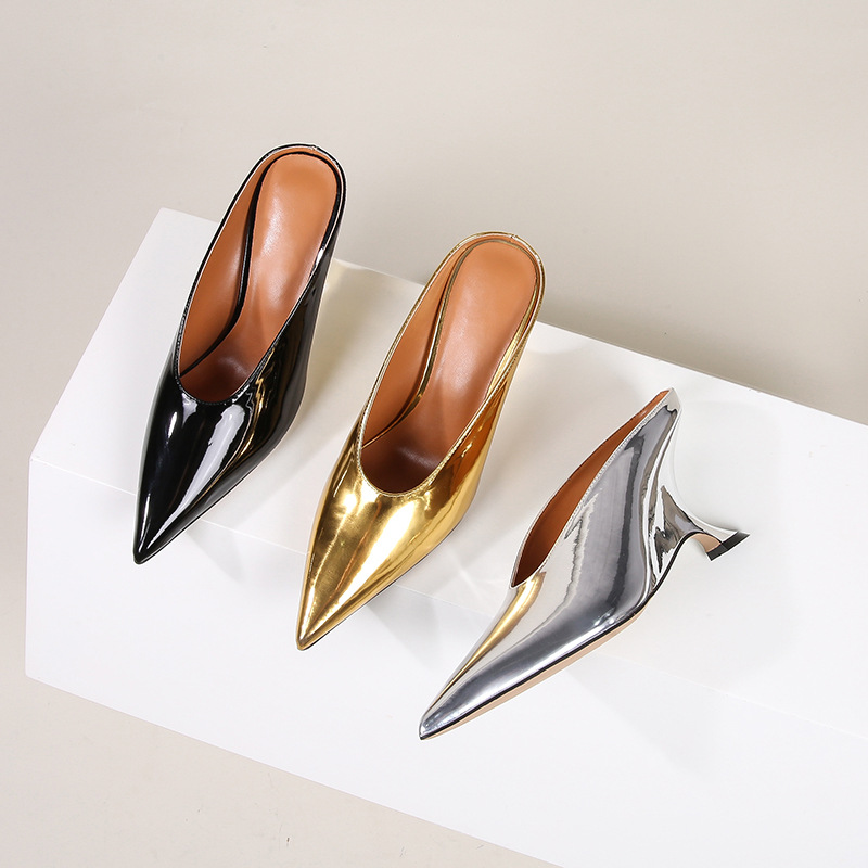 surface patent leather women's shoes, new high sloping heels, slippers, fashionable