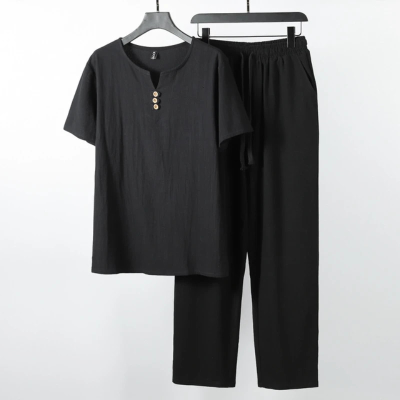 Large Size Mens Clothing Vintage Tracksuit Husband Summer White Home Suit Linen T Shirt Fashion Male Set Plus M9XL 240409